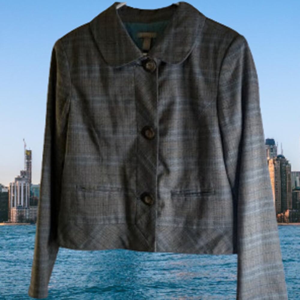 Kim Rogers 10 button down lined gray & blue plaid woman's polyester blend jacket